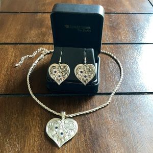 Metal Silver and Blue Heart Necklace and Earrings